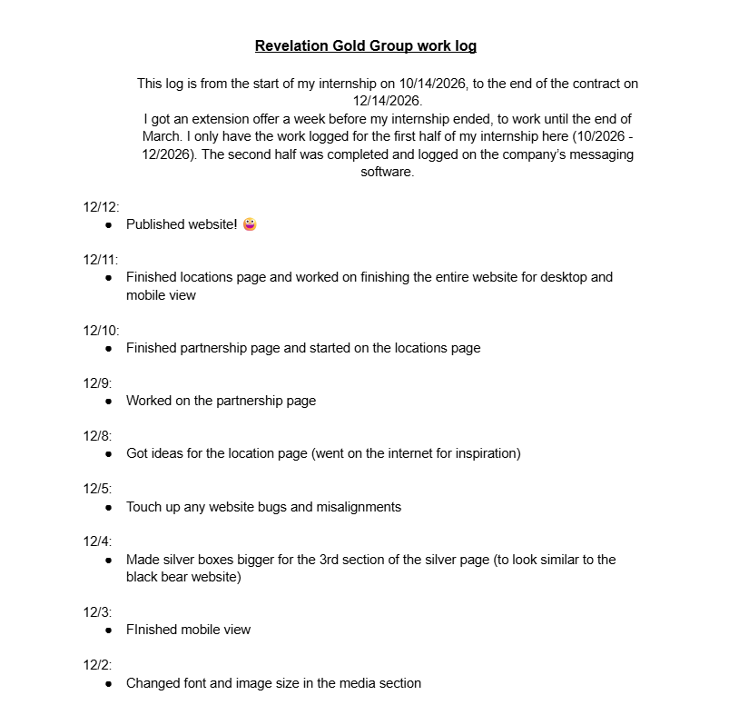 Preview of Diego Sanchez’s Revelation Gold Group internship work log